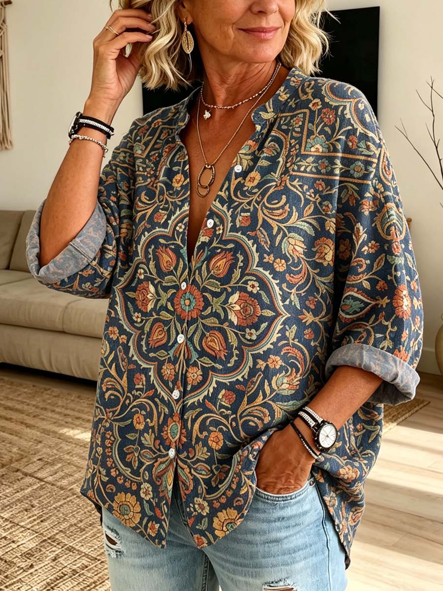 Retro Floral Pattern Art Print Casual Long Sleeve Cotton Linen Shirt