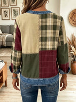 Women Plaid Denim Patchwork Round Neck Long Sleeve Blouse