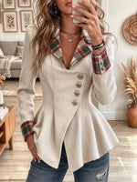 Women's Plaid Contrast Lapel Peplum Blend Coat