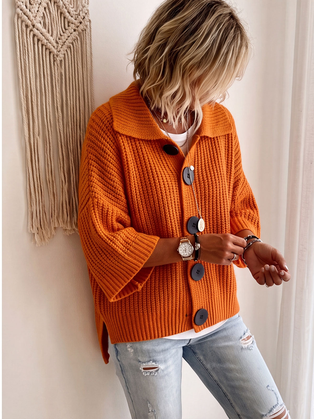 Collared Big Button Chunky Knit 3/4 Sleeve Cardigan
