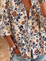 Retro Floral Pattern Art Print Casual Long Sleeve Cotton Linen Shirt