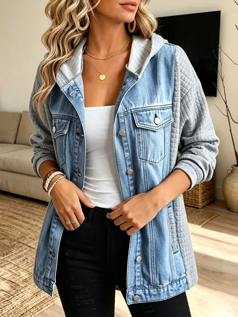 Retro Long Sleeve Hooded Casual Stylish Waffle Denim Patchwork Coat
