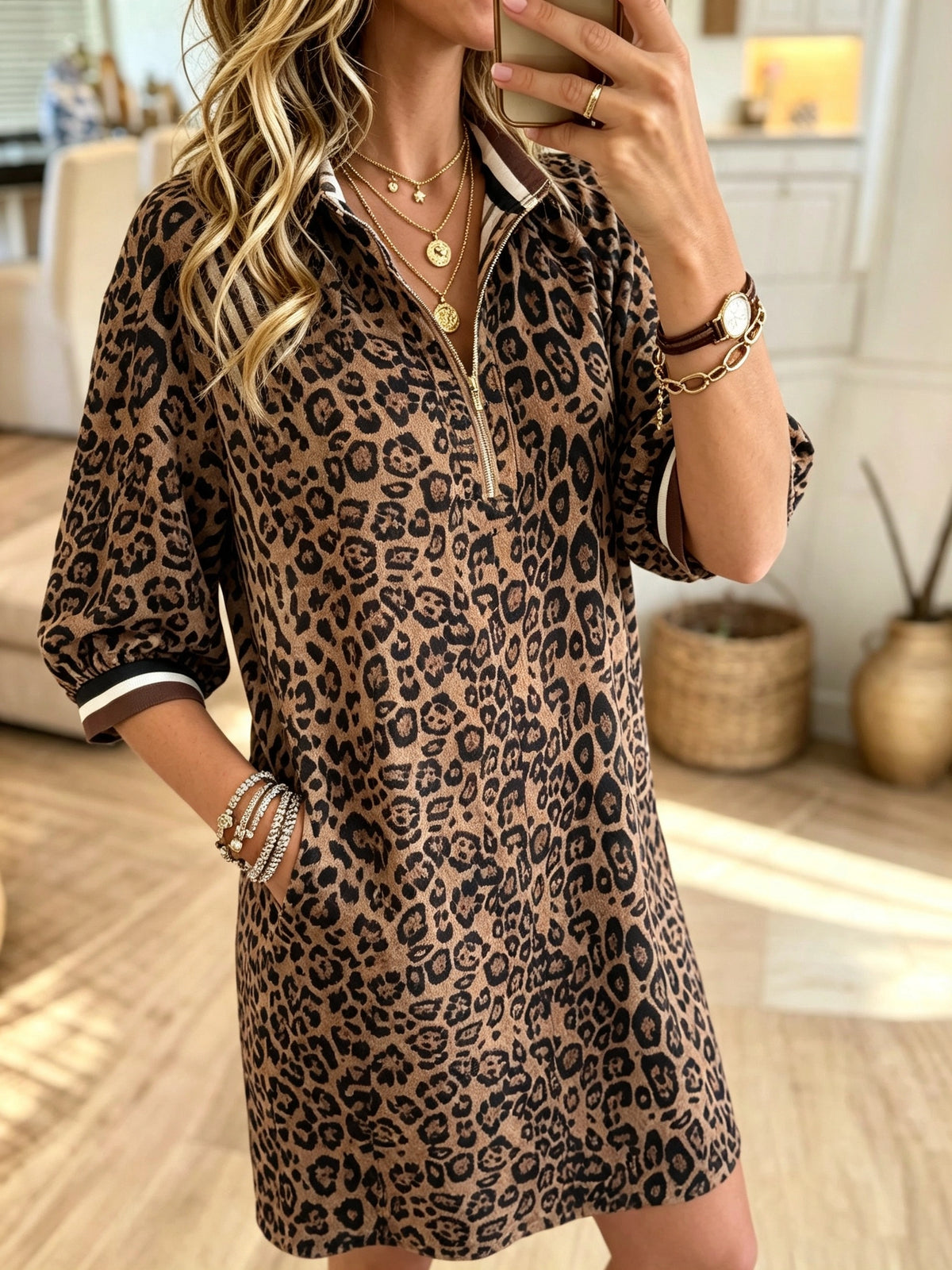 Women's Leopard Half-Zip Polo Dress
