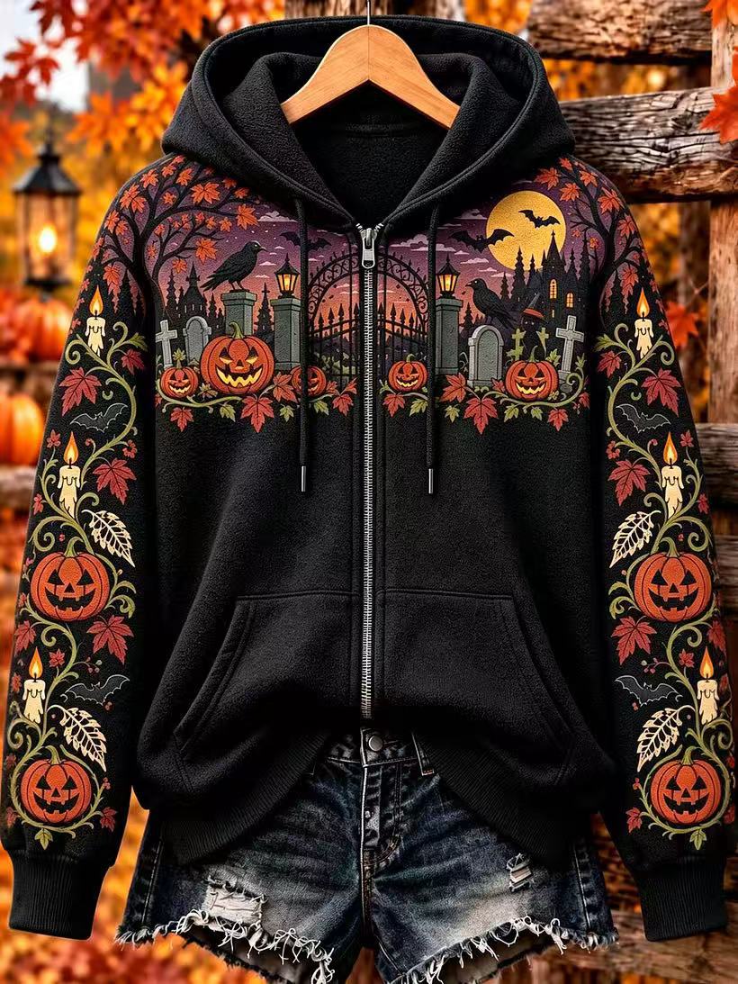 Women's Halloween Pumpkin Haunted House Print Zip Up Hoodie, Long Sleeve Graphic Sweatshirt