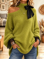 Women's Elegant One-shoulder High-neck Bow Lace Sweater