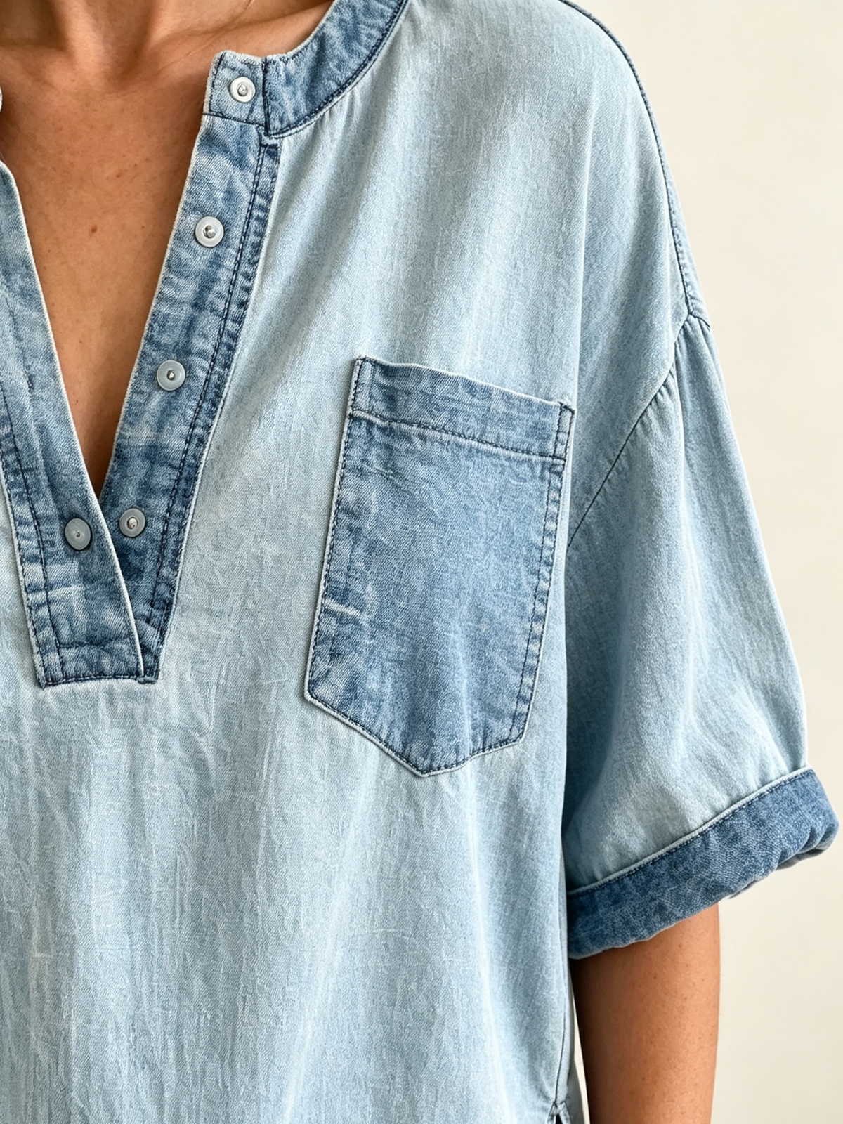 Women's V-Neck Denim Pullover Blouse