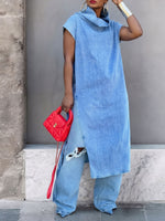 Women Denim Sleeveless Tunic Top Cowl Neck Side Slit Tie Long Blouse