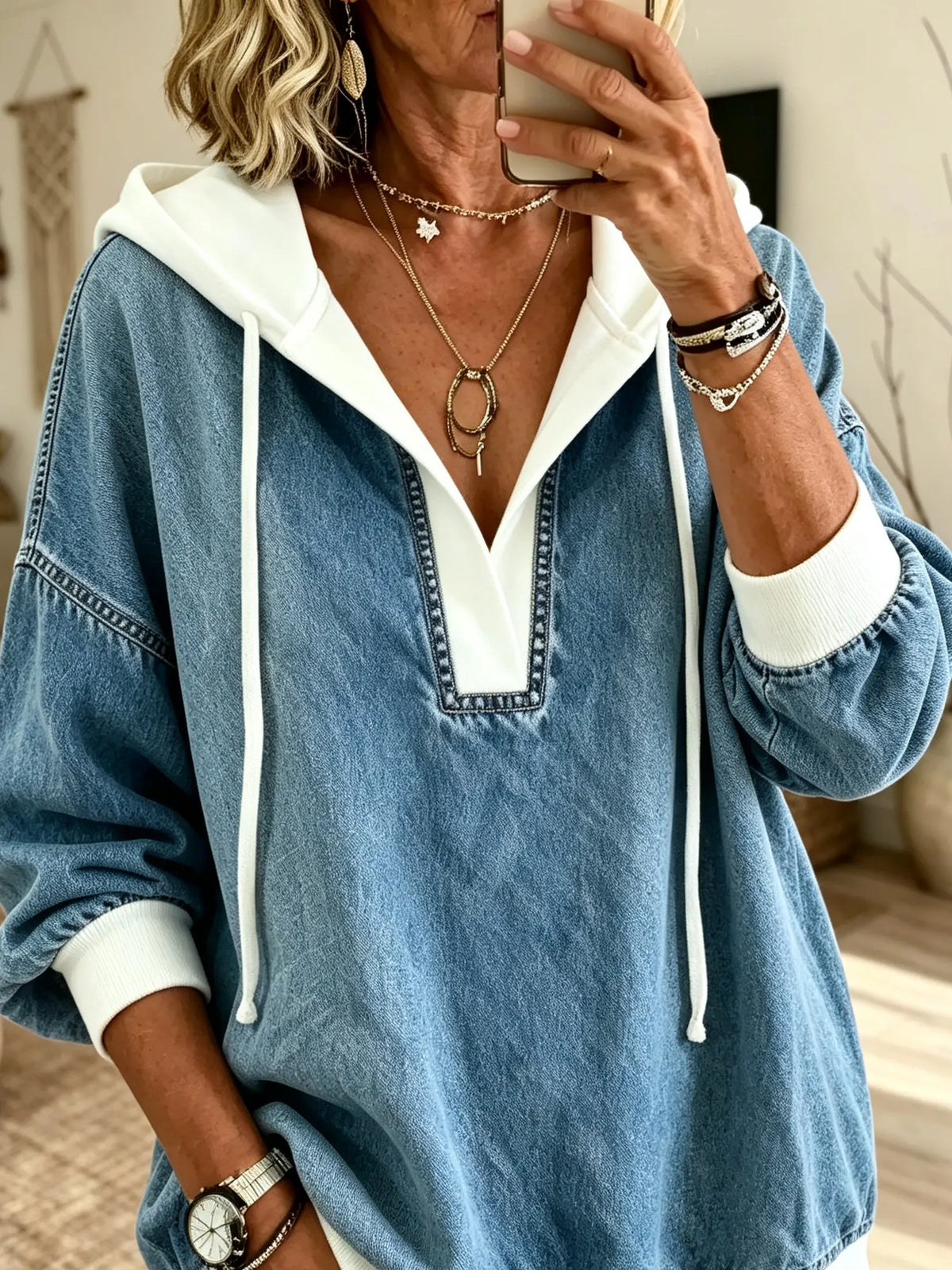 Women Solid Spliced Hooded Denim Pullover Top