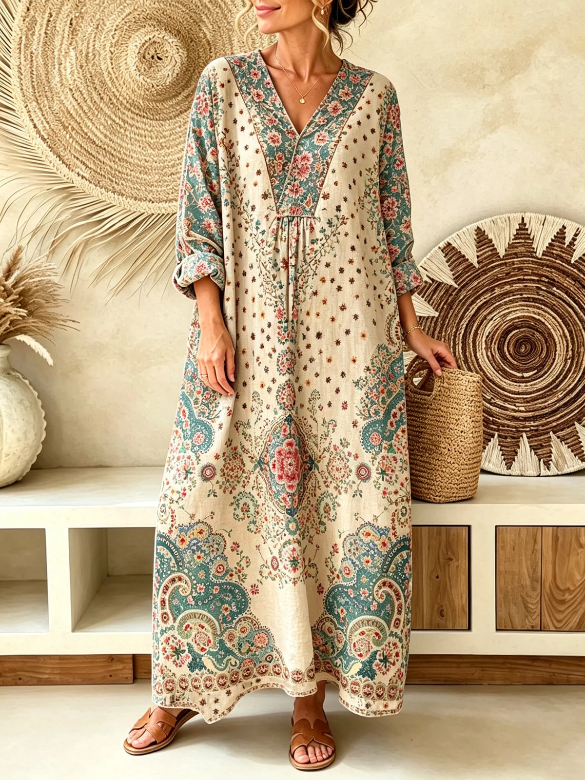 Women's Vintage Ditsy Floral Paisley Print V-Neck Maxi Dress