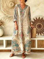 Women's Vintage Ditsy Floral Paisley Print V-Neck Maxi Dress