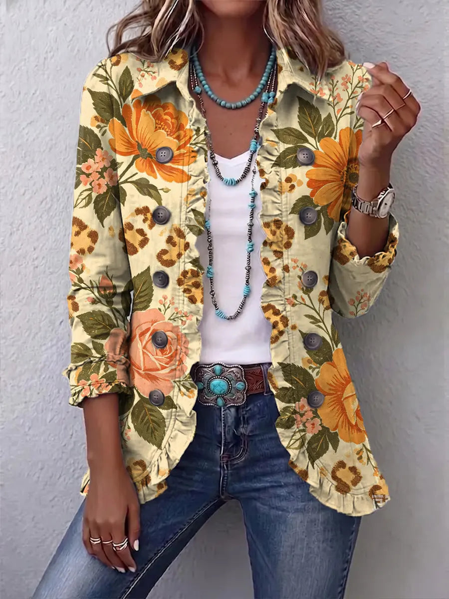 Retro Floral Leopard Pattern Art Print Ruffle Casual Stylish Cotton Lapel Coat