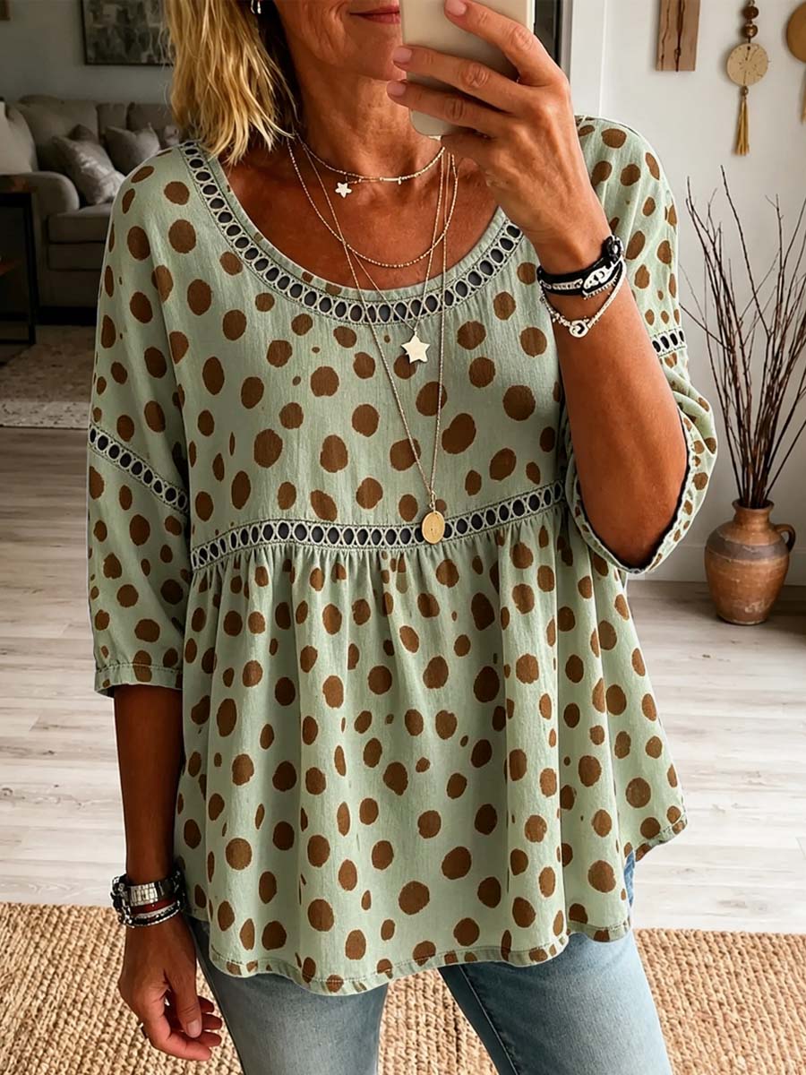 Retro Polka Dot Pattern Art Print Casual Hollow Short Sleeve Cotton Linen Shirt