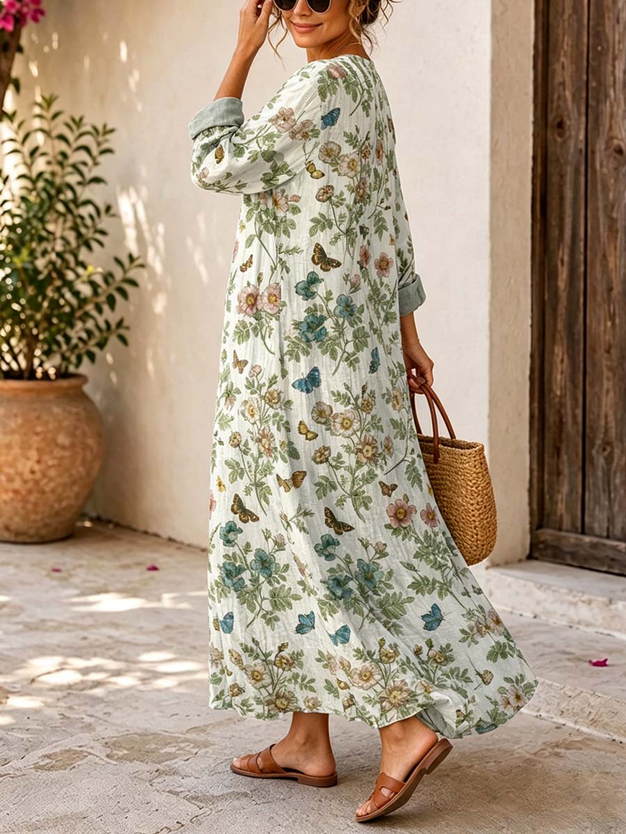 Retro Floral Butterfly Pattern Art Print Casual V-neck Long Sleeve Cotton Linen Maxi Dress