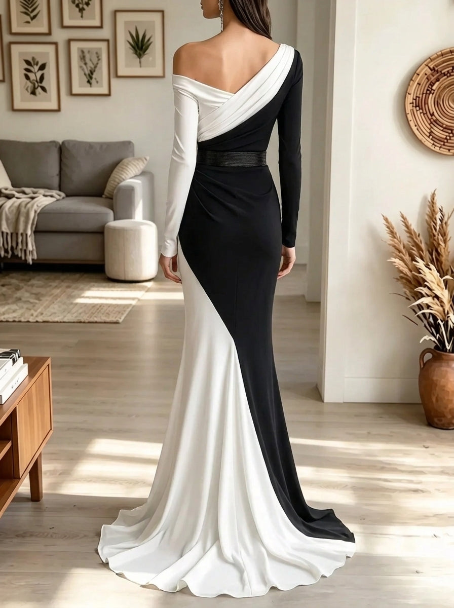 Women's Two-Tone Asymmetrical One-Shoulder Evening Gown
