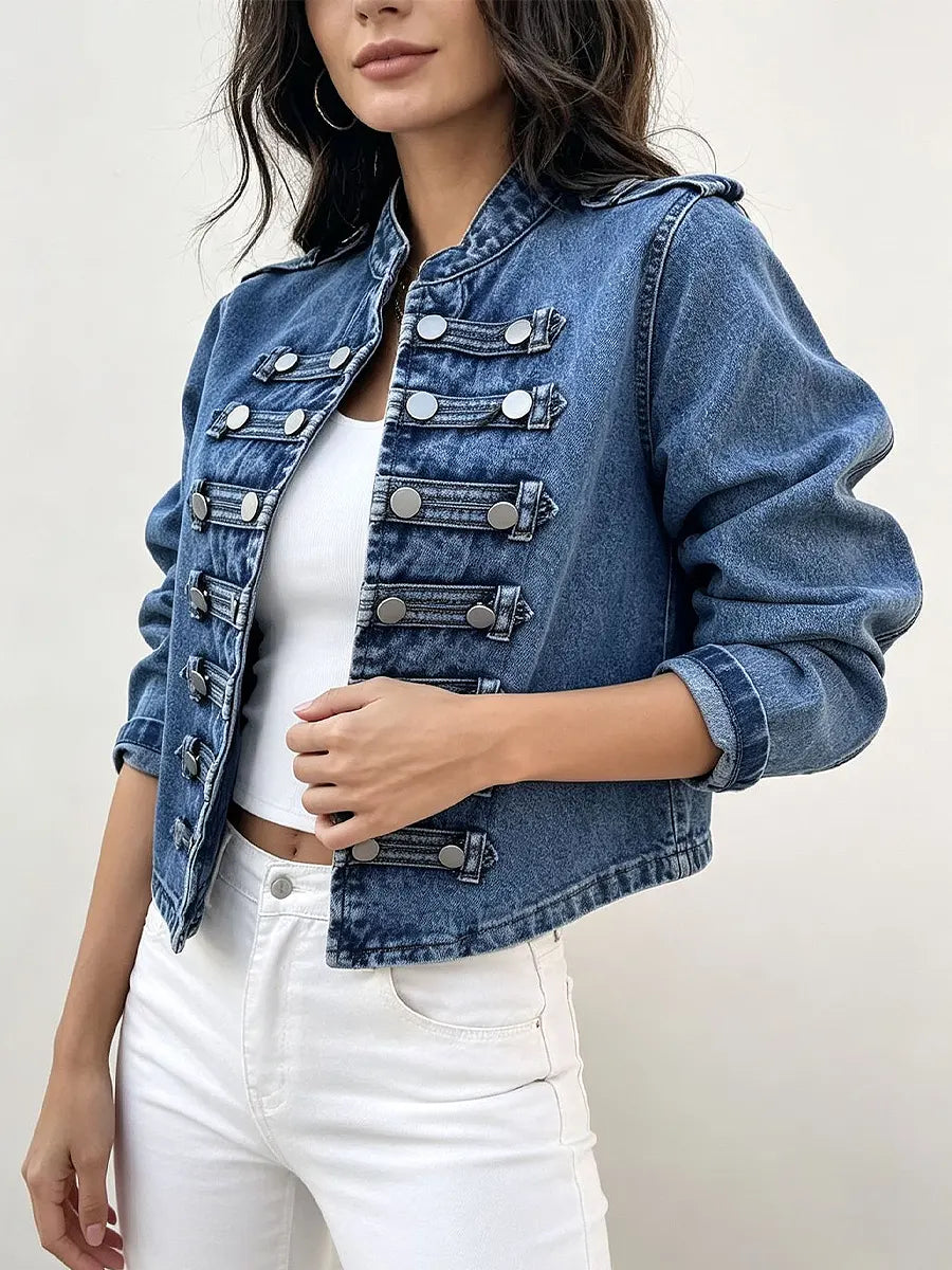 Retro Solid Color Stand Collar Art Casual Stylish Long Sleeve Denim Coat