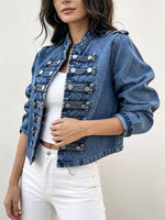 Retro Solid Color Stand Collar Art Casual Stylish Long Sleeve Denim Coat