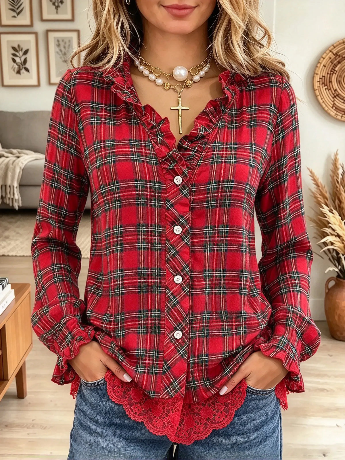 Women's Plaid Ruffle Button-Down Blouse