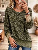 Women's Green Leopard Print Long-sleeve Crew-neck Top With Lace Panels