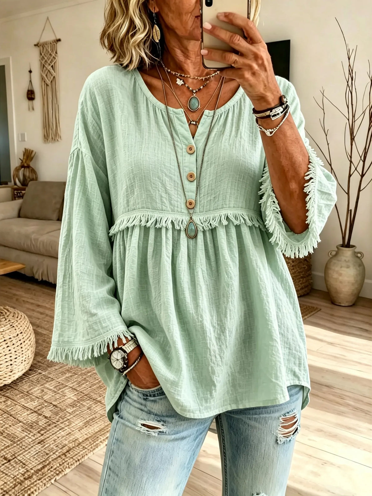 Women Fringe Trim Crew Neck Half Button 3/4 Sleeve Linen Blend Blouse