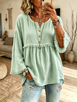 Women Fringe Trim Crew Neck Half Button 3/4 Sleeve Linen Blend Blouse