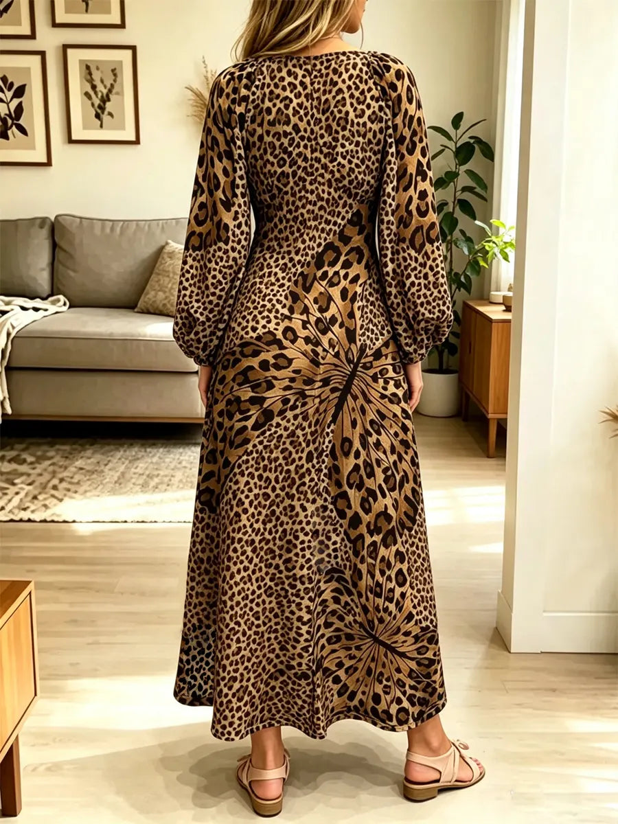 Retro Leopard Butterfly Pattern Art Print Long Sleeve Casual Stylish Long Dress