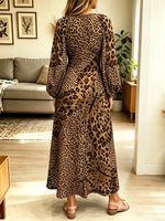 Retro Leopard Butterfly Pattern Art Print Long Sleeve Casual Stylish Long Dress