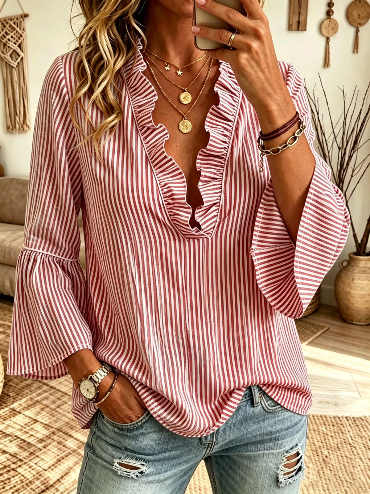 Women's Striped Ruffle V-Neck Blouse