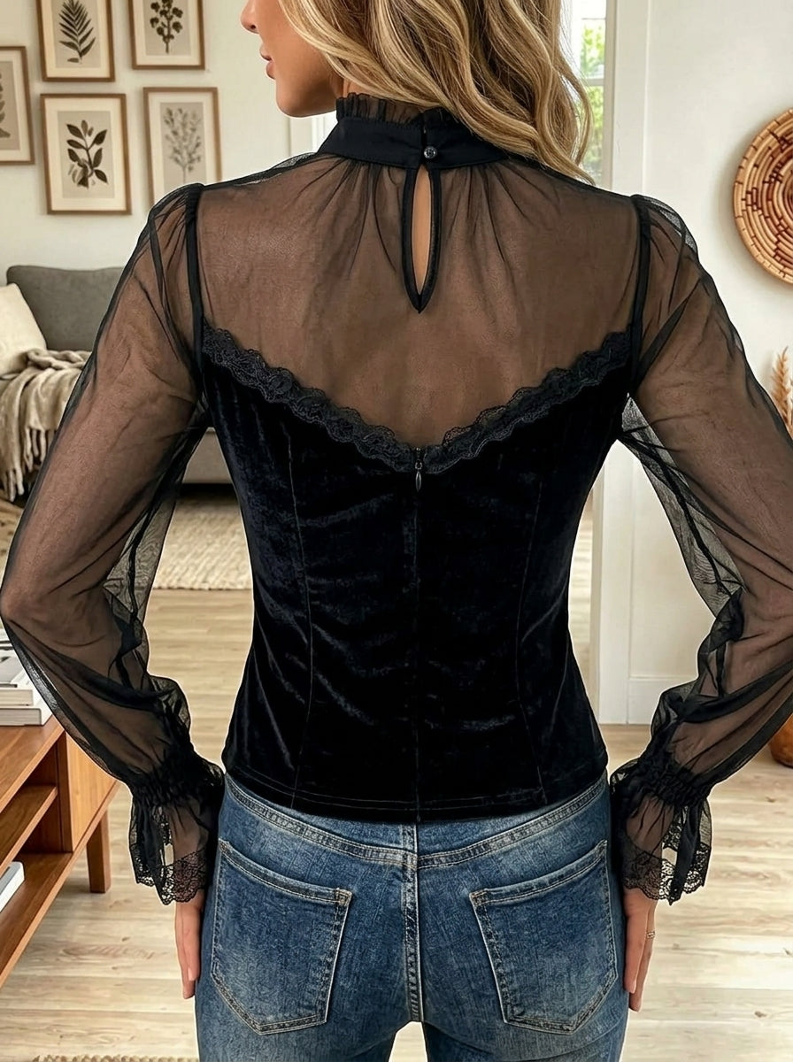 Sheer Mesh Ruffle High Neck Velvet Corset Top