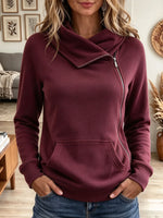 Women's Asymmetric Zip Up Cowl Neck Sweatshirt Pocket Casual Pullover Top