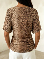 Women Leopard Print Wrap Top Pearl Chain Neck Short Sleeve Ruched Casual Blouse