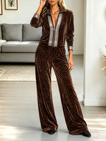 Vintage Elegant Velvet Leopard Print Rhinestone Zipper Long-sleeved Jumpsuit