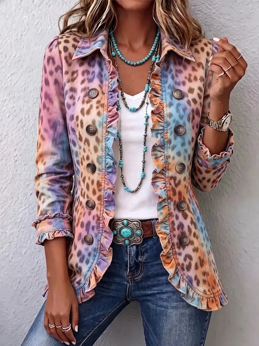 Retro Leopard Pattern Art Print Ruffle Casual Stylish Cotton Lapel Coat