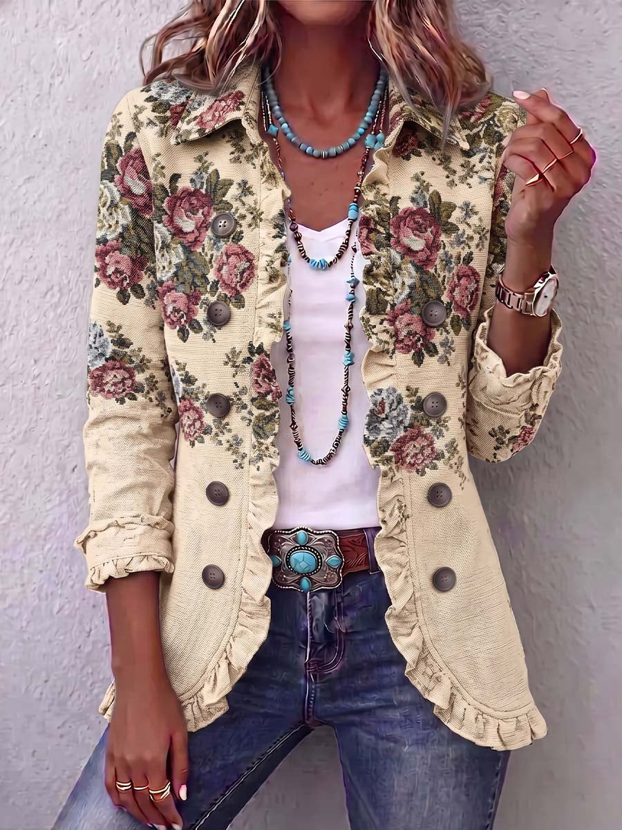 Vintage Elegant Pattern Patchwork Ruffled Jacket