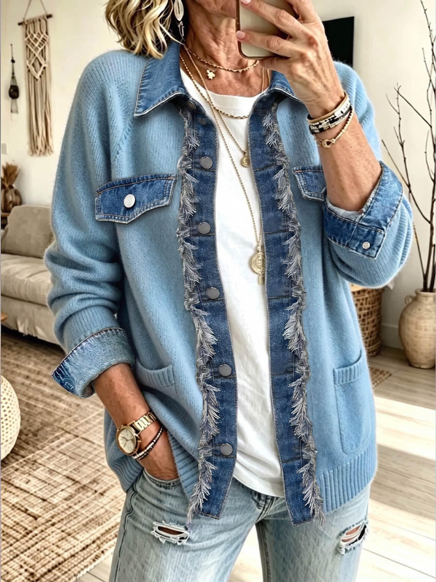 Vintage Elegant Denim Patchwork Sweater