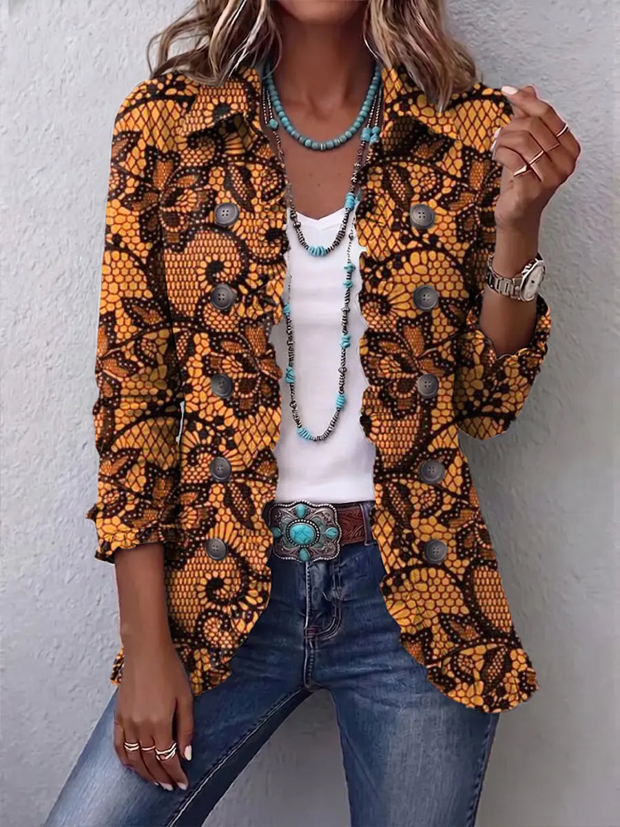 Retro Floral Pattern Art Print Ruffle Casual Stylish Cotton Lapel Coat