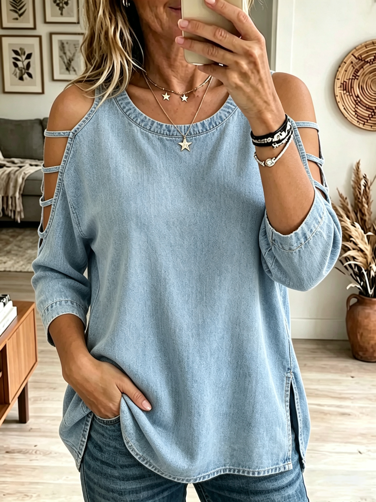 Women's Cold-Shoulder Strappy Denim Tunic Top