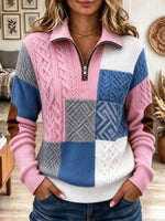 Women's Colorblock Cable Knit Quarter Zip Pullover Sweater with Elbow Patches