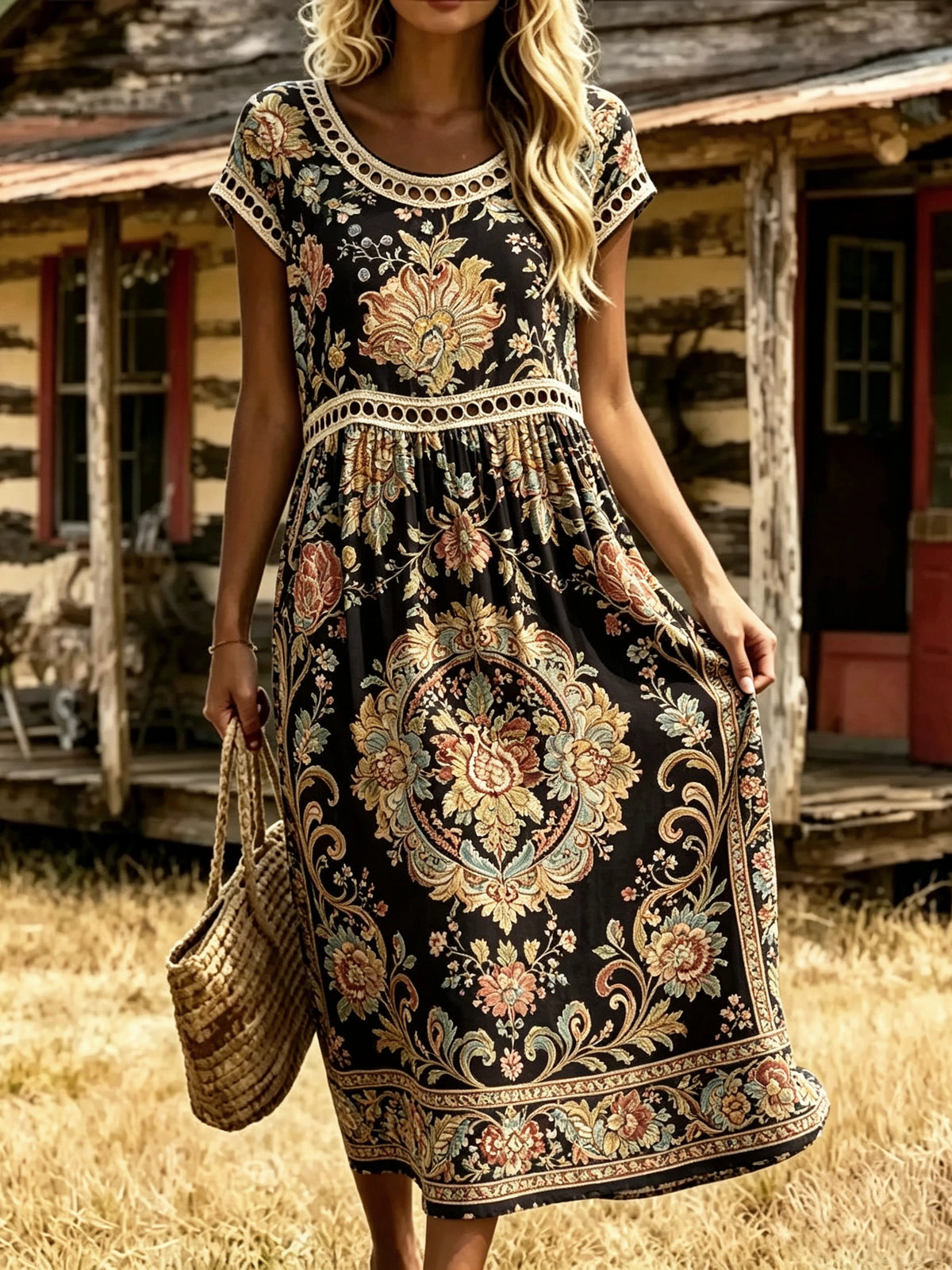Women's Eyelet Cutout Tapestry Midi Dress
