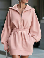 Retro Solid Color Hooded Art Casual Stylish Short Sweatshirt Mini Dress
