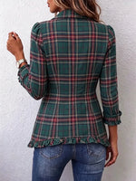 Retro Plaid Pattern Art Print Ruffle Casual Stylish Cotton Lapel Coat