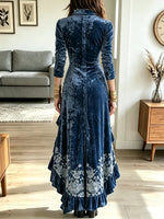 Vintage Ruffle Floral Pattern Art Velvet Casual Stylish Long Sleeve Dress