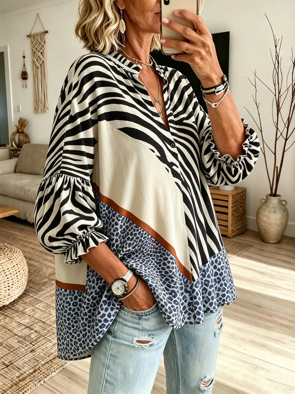 Women's Zebra Stripe Geometric Patchwork Print Stand Collar Bubble Sleeve Blouse