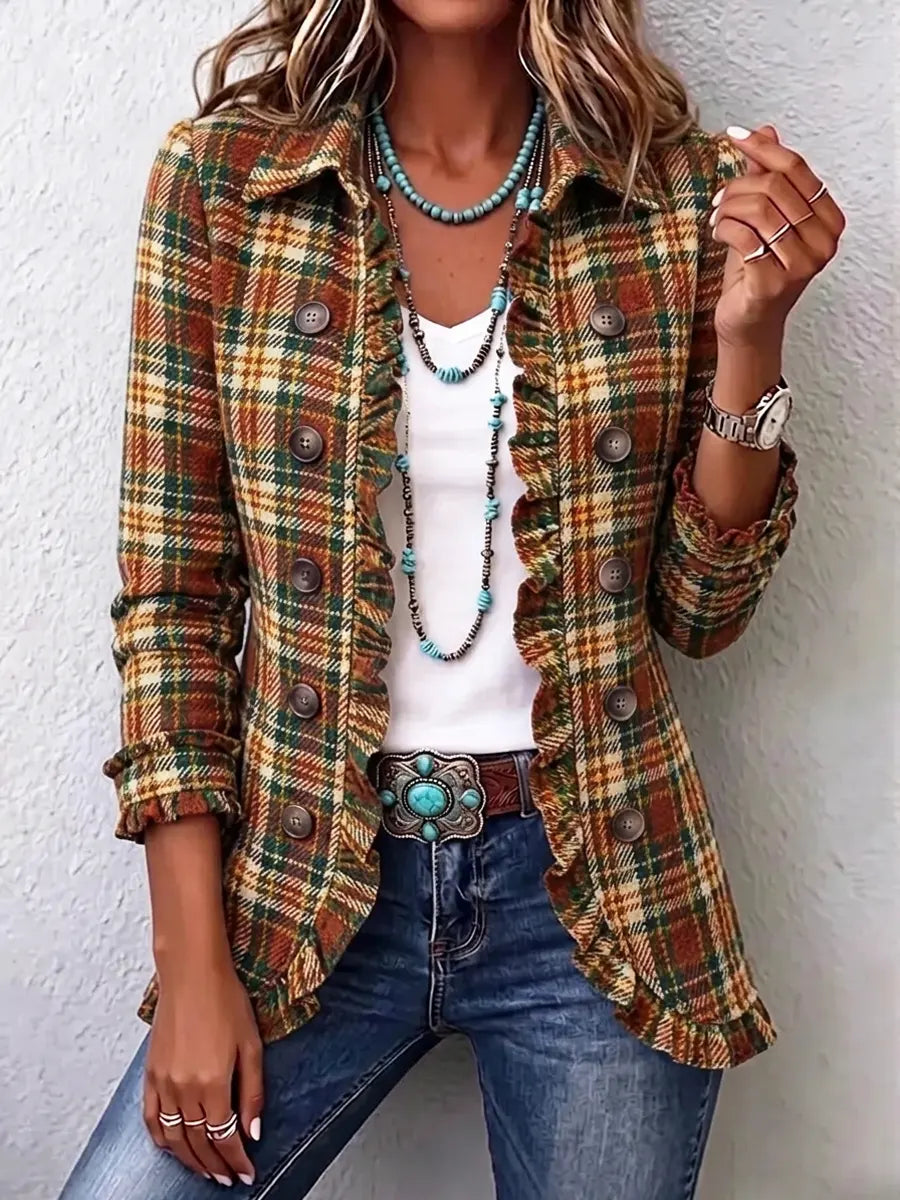 Retro Plaid Pattern Art Print Ruffle Casual Stylish Cotton Lapel Coat