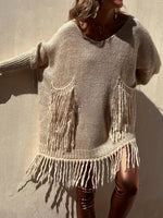 Women's V Neck Open Knit Fringe Tunic Sweater, Long Sleeve Boho Oversized Knit Top with Pockets