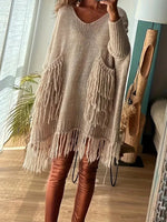 Women's V Neck Open Knit Fringe Tunic Sweater, Long Sleeve Boho Oversized Knit Top with Pockets