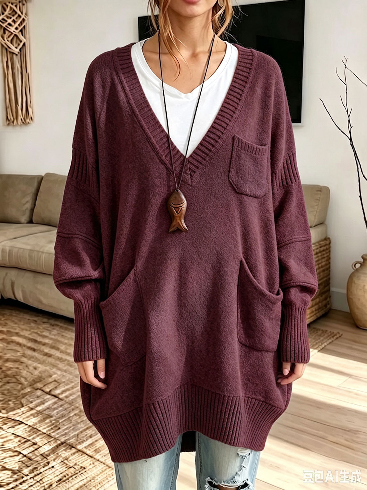 Women Oversized V‑Neck Multi‑Pocket Loose Long Knit Sweater