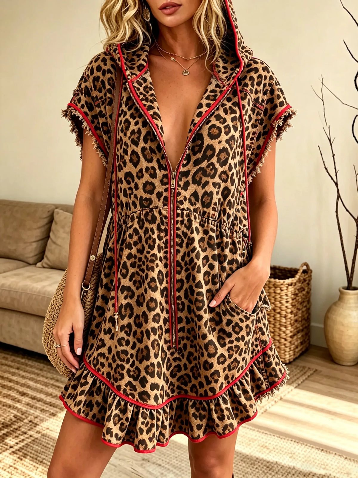 Women's Leopard Hooded Zip-Up Mini Dress
