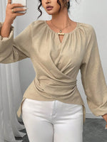 Retro Elegant Solid Color Round Collar Casual Long Sleeve Wrap Stylish Shirt