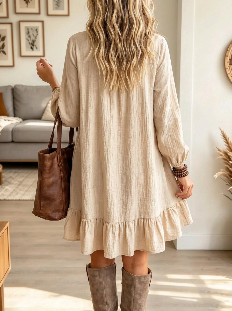 Women's Ruffle Hem Henley Gauze Babydoll Dress