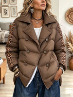 Women's Brown Double-Breasted Puffer Jacket with Leopard Print Sleeves